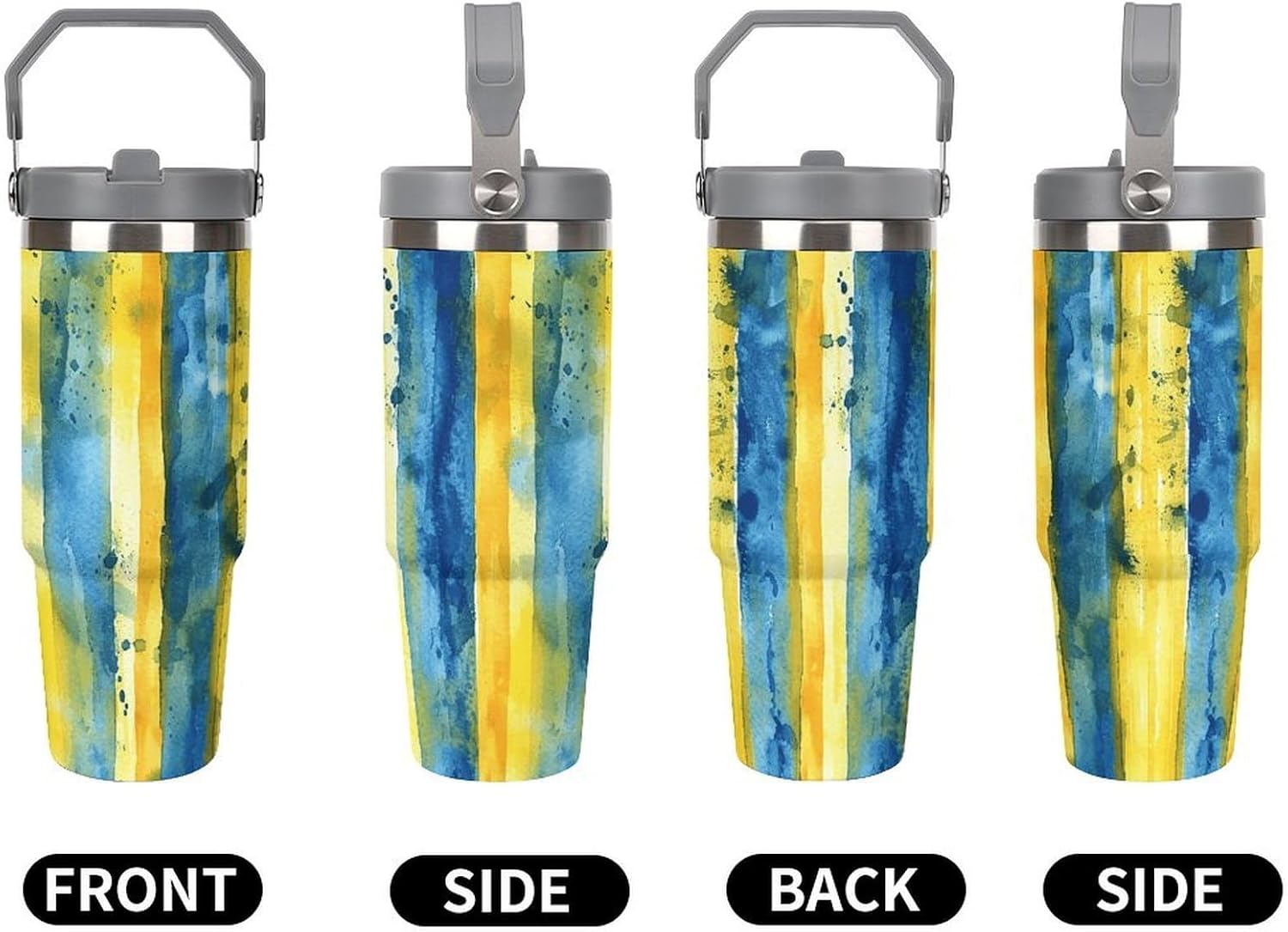 30oz Insulated Tumblers with Top Handle, Stainless Steel Yellow And Blue Pattern Car Cup with Straw for Gift, Leak-Proof Double Wall Vacuum Travel Mug, Personalized Water Bottles White
