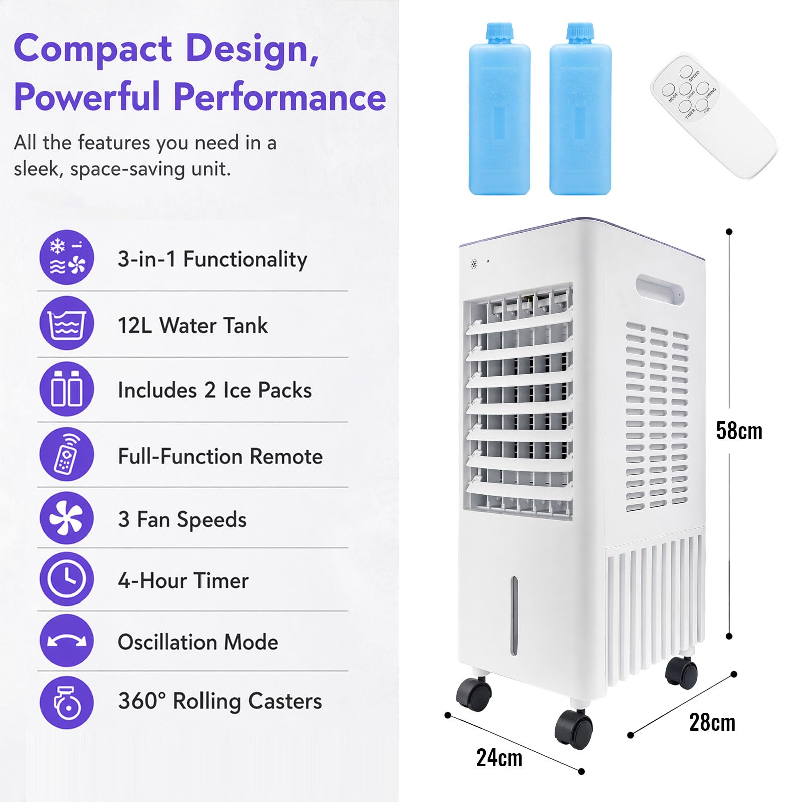 Rafraîchisseur d'air Design 4-en-1, Réservoir 12L avec Indicateur de Niveau, 2 Blocs de Glace, Télécommande, Écran, Climatiseur Mobile pour Intérieur Moderne