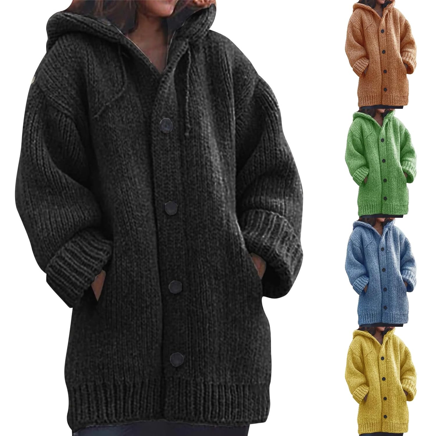 Womens Knit Cashmere Thick Button Hooded Cardigan Sweater Long Sleeve Chunky Fleece Winter Jackets Coats with Pocket