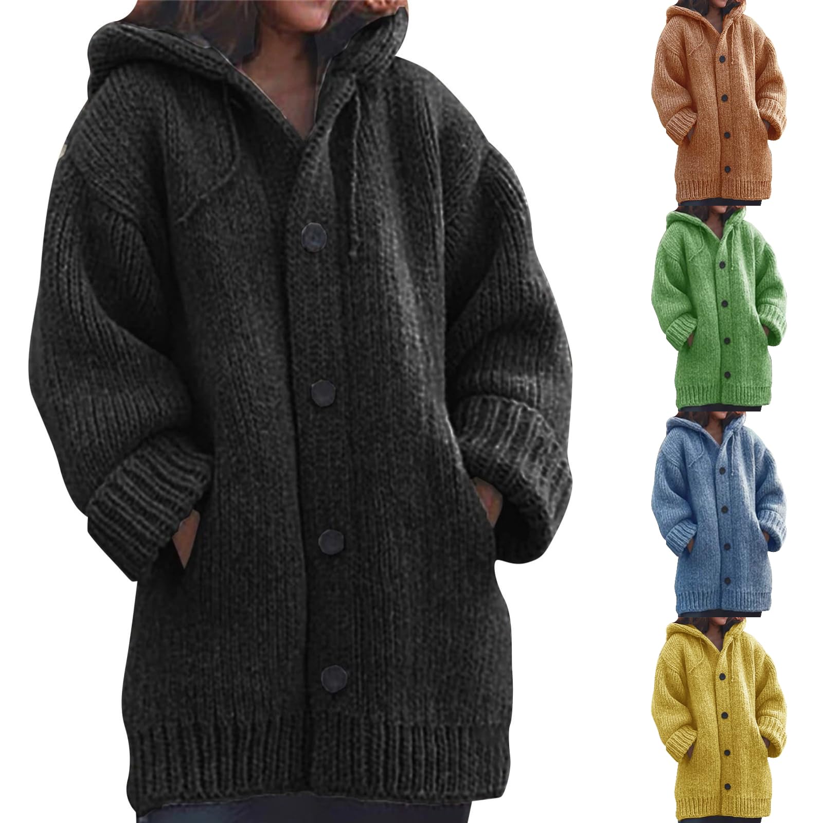 Womens Knit Cashmere Thick Button Hooded Cardigan Sweater Long Sleeve Chunky Fleece Winter Jackets Coats with Pocket