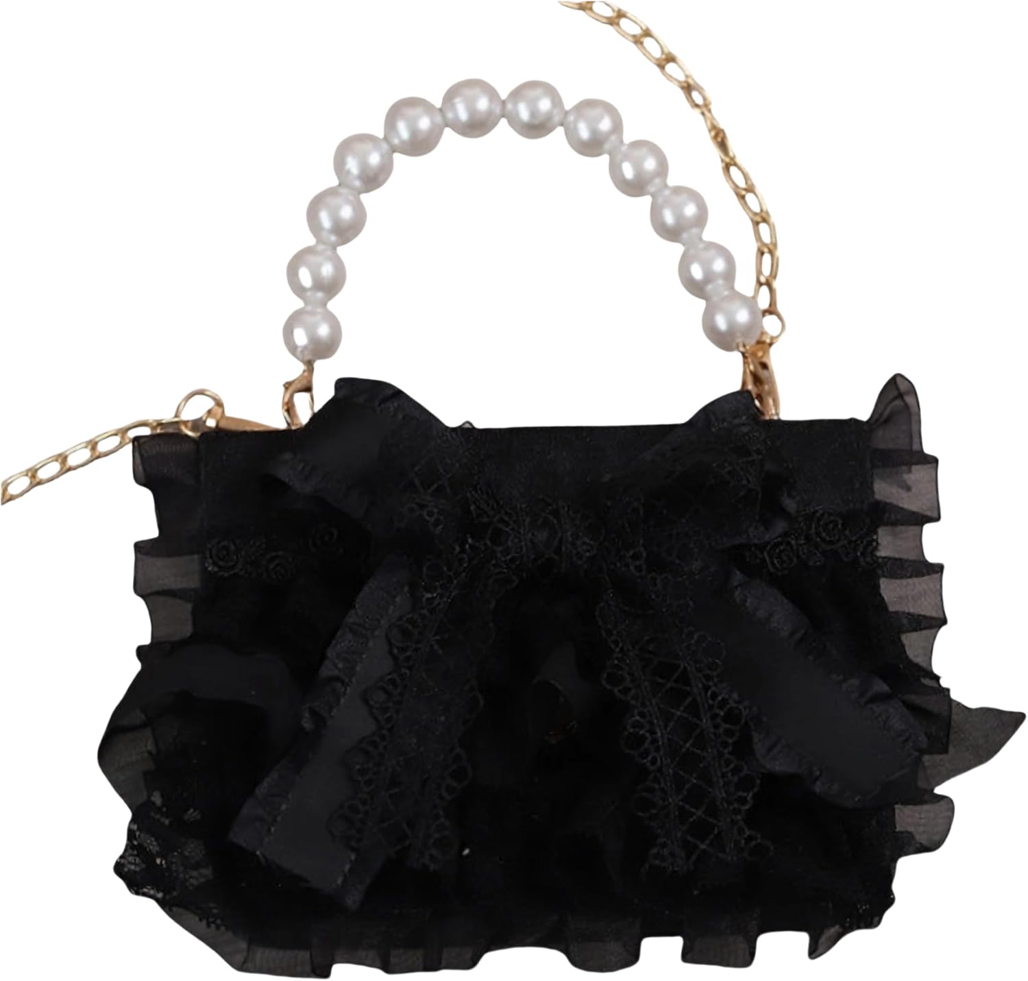 Lolita Girls Black Lace Handbag Women's Lace Bowknot Pearl Straps Crossbody Bag