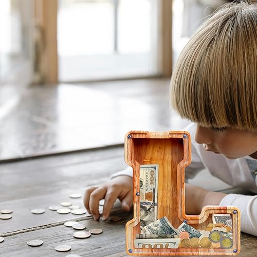 Miniatura 6 de YWMSGM Alcancía grande de madera para niños y niñas, 26 letras de dinero, nombre personalizado, transparente, ahorro, perfecto regalo de Navidad,