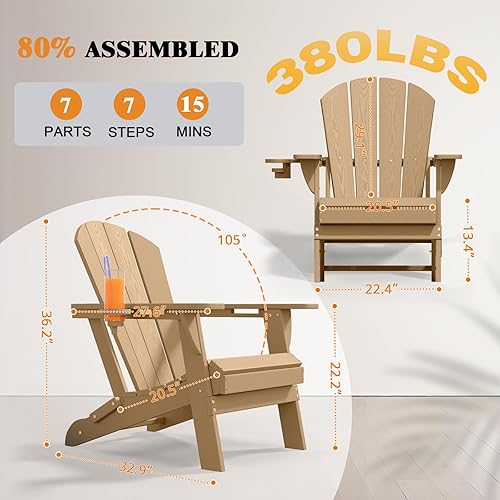 Miniatura 3 de Juego de 2 sillas plegables Adirondack de polietileno de alta densidad para todo tipo de clima, sillas de patio para exteriores, patio, césped,