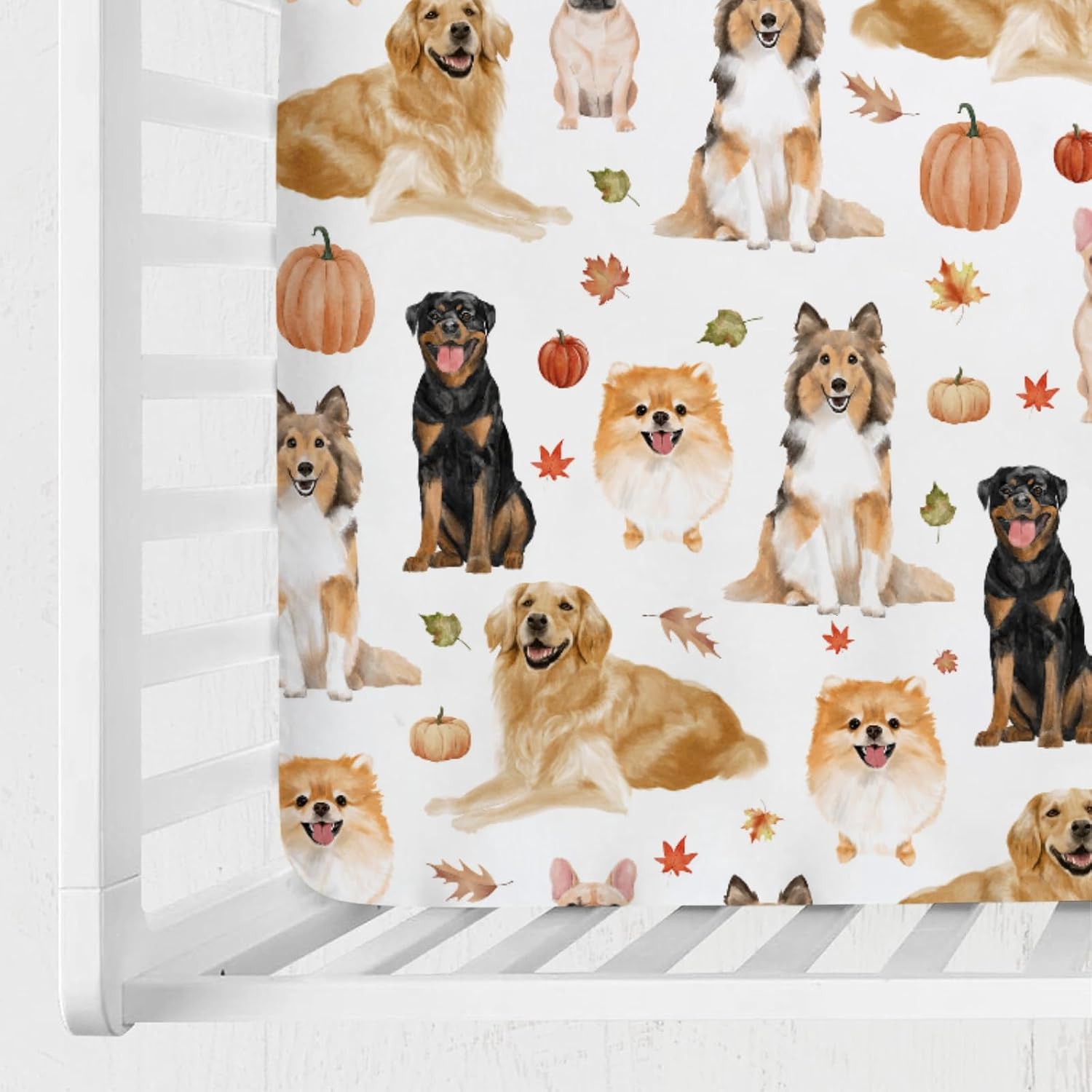 Watercolor Dogs Fall Pumpkins Leaves Baby Crib Sheet 52''x28'' Fitted Crib Mattress Cover Sheet for Boy Girl Dogs Lovers Gift Soft Nursery Bed Sheet for Standard Crib Toddler Mattress