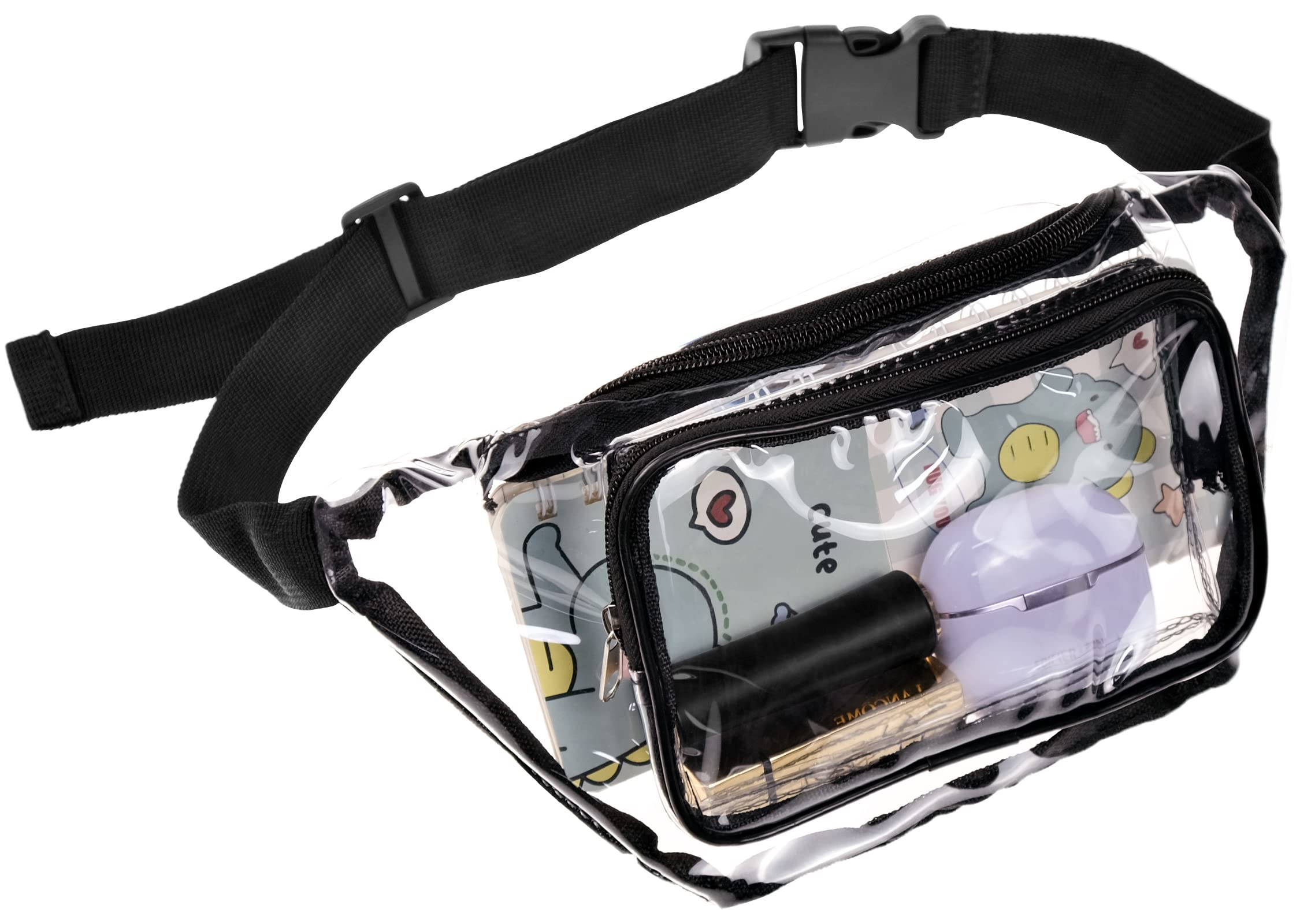 Bum Bag Clear Fanny Pack for Women Men Waterproof Waist Bag PVC Fashion Transparent Adjustable Belt Bag for Festival Travel Concert Outdoor Hiking Sports (2 Zippered Pockets)