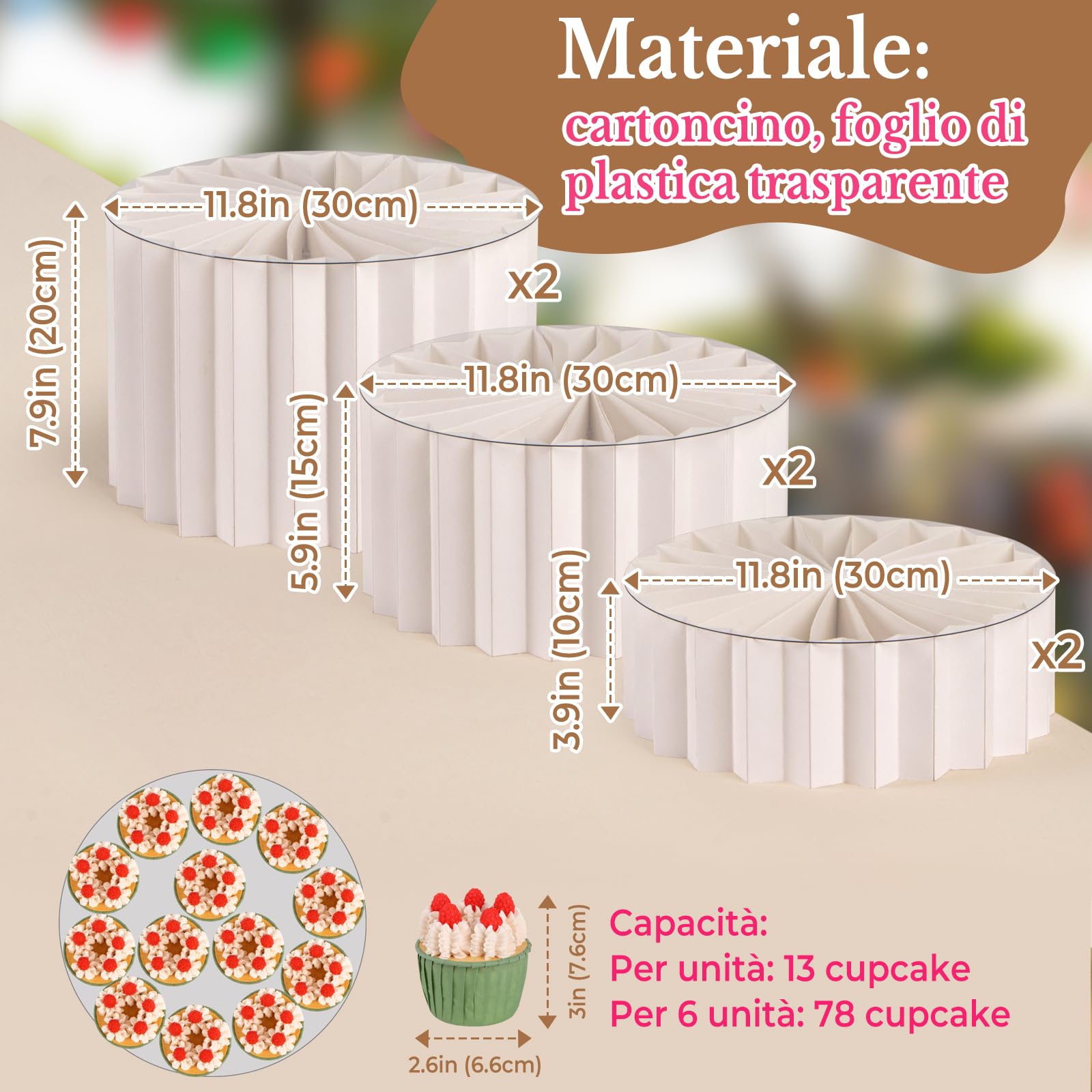 PUERSI Set da 6 Alzate per Buffet, Espositori Pieghevoli per Cibo | per Feste, Stand per Torte in Acrilico e Cartone - Bianco