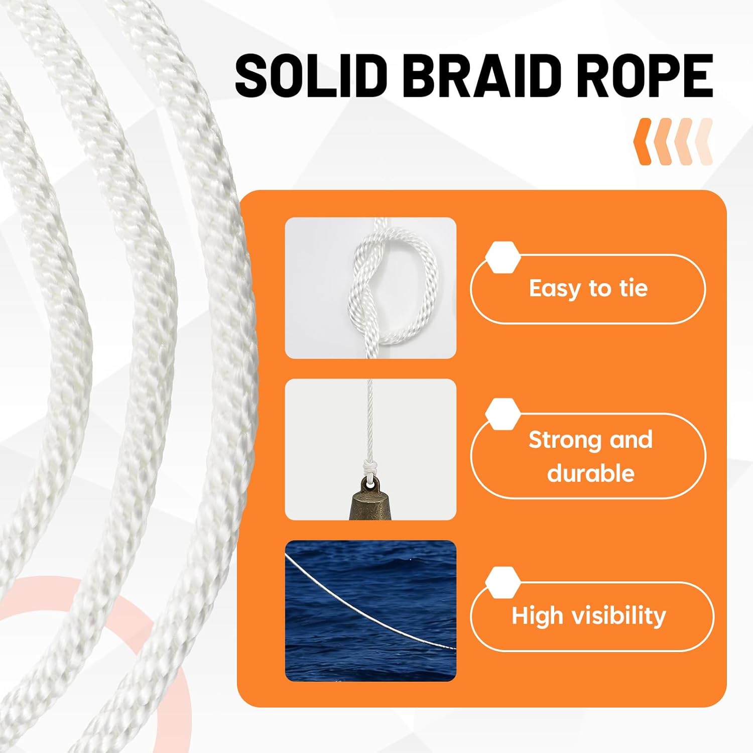 SDHUATUO 3/8 Inch Nylon Solid Braided Rope, 250FT Polyester Cord 2420 lbs, UV Resistant & Wearproof, Soft Flexible Rope for Swings, Camping Tent, Flagpole, Outdoor Twine, Dog Leashes (White)