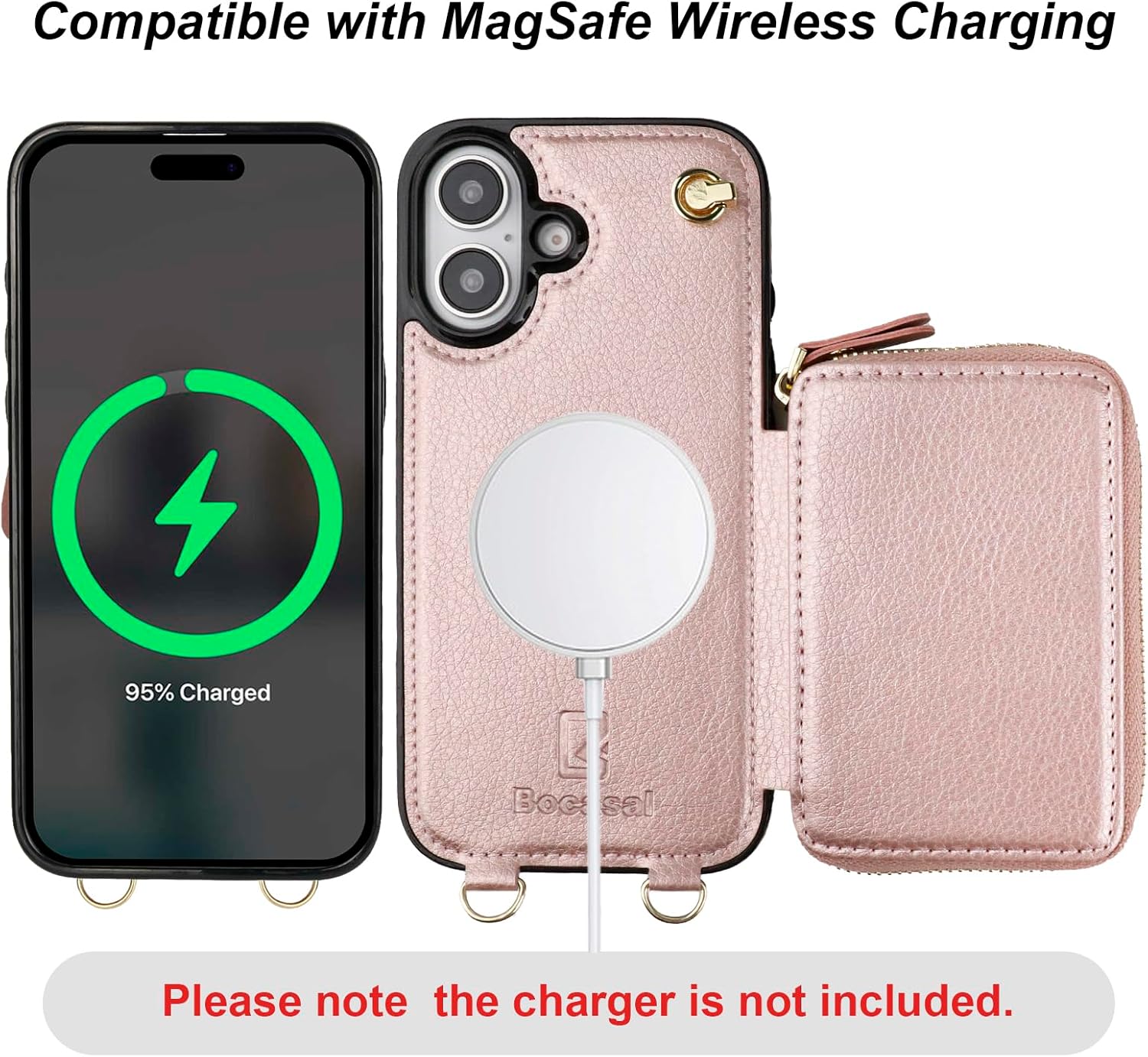 Bocasal for MagSafe Crossbody Wallet Case Compatible with iPhone 16, RFID Blocking Protective Purse Case with Card Slots Holder Kickstand Wrist Strap Lanyard Zipper 6.1 Inch 5G (Rose Gold) - Image 3