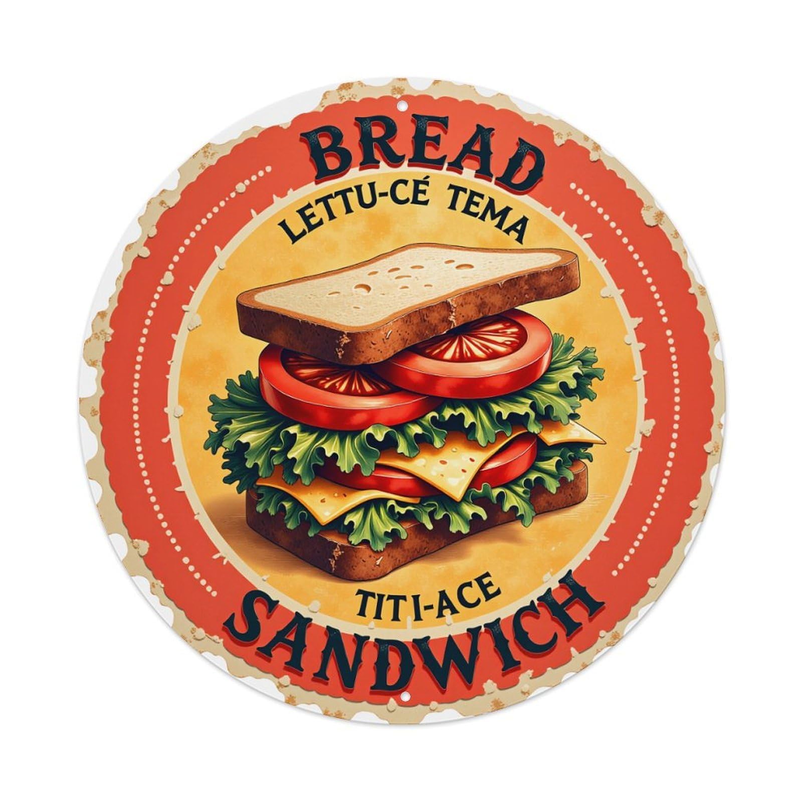 Bread Lettuce Tomato Cheese Sandwich Round Tin Sign Vintage Metal Poster, Home Bar Garage Man Cave Cafe Indoor & Outdoor Wall Decoration 8x8Inches