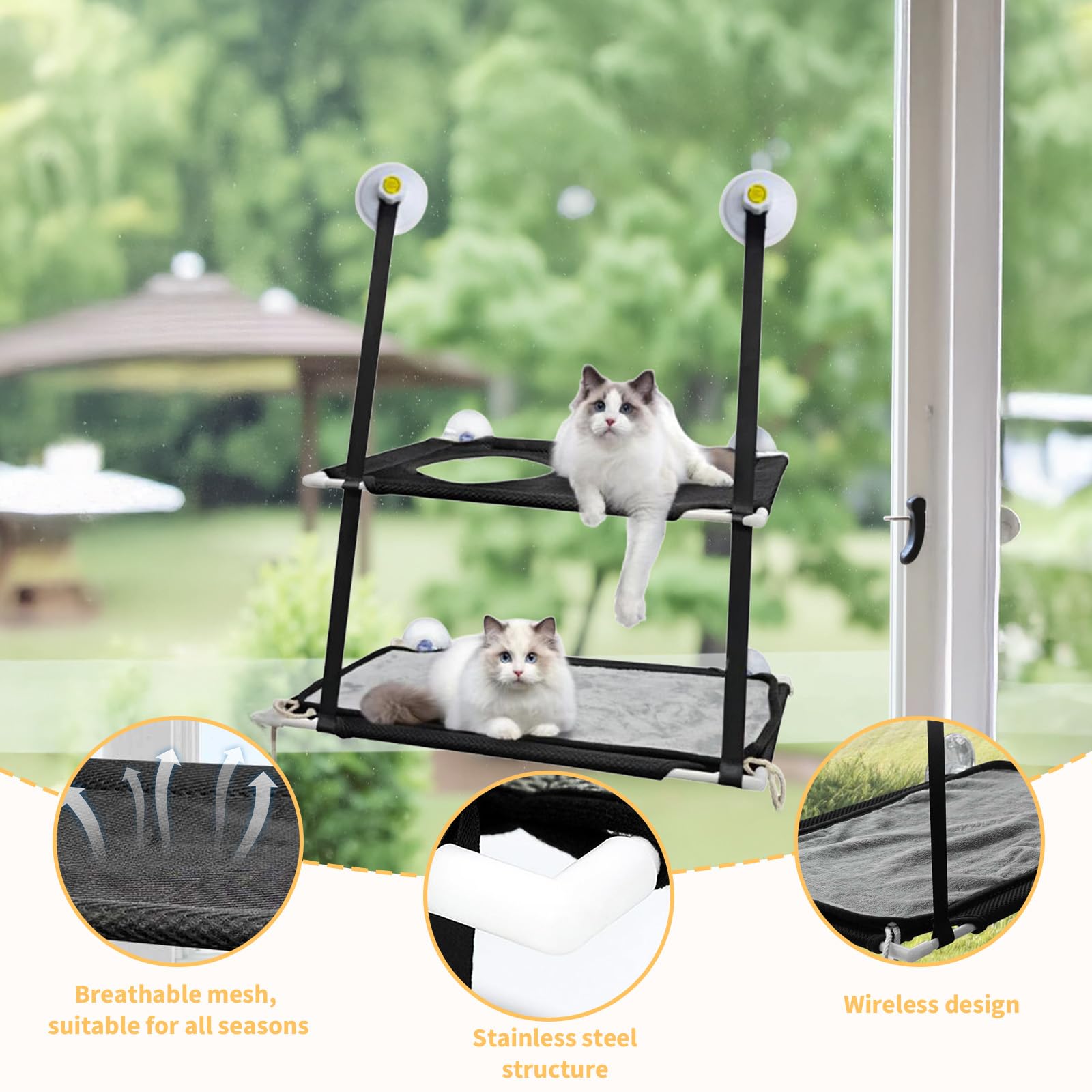 Fenster Katzenhängematte für Katzen bis 25kg,Doppellagiges Katzen Hängematte für Katze in Innenräumen,Verstärkte Katzens Fensterplatz mit Starkem Saugnapf,51 X 31 cm,Fensterbankliege Katze