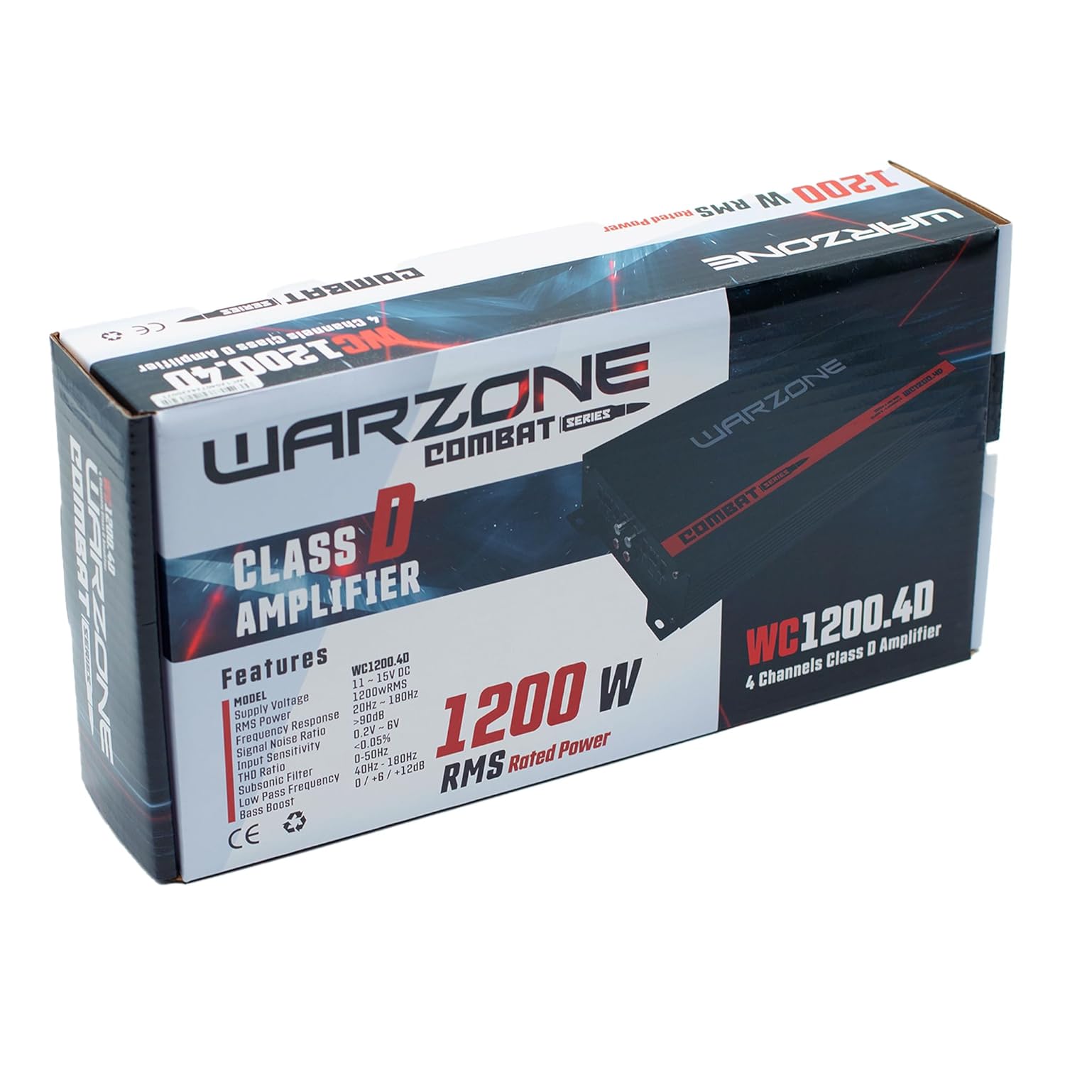 Warzone WC1200.4D 4-Channel Class D Amplifier, 1200W RMS Power, 4 Ohms, Bridgeable, LPF/HPF Filters, Clip LED Indicator for Pro Car Audio