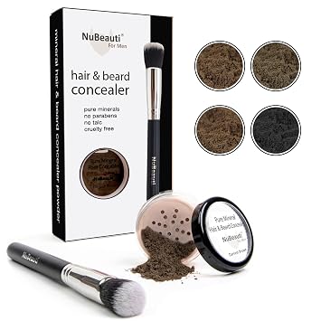 Mens Beard, Mustache & Hair Root Touch Up Powder Bald Spot Cover Powder No Fragrance, Talc or Parabens Hair Cover Hairline Powder by NuBeauti Darkest Brown, With Brush