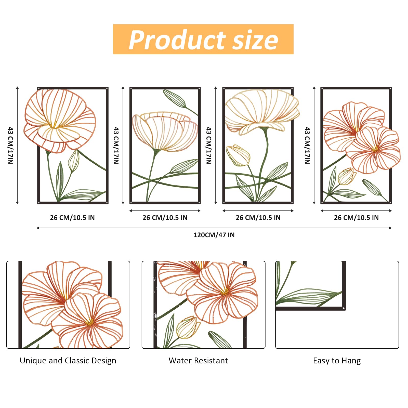 ESTART Dekor 4 Stück Metall Lotusblume Wanddekoration, Abstrakte Blumen Ästhetische Spleißlinie Kunst, Minimalistische Hängende Wandskulptur für Wohnzimmer Schlafzimmer Büro und Yogazimmer (Bunt)