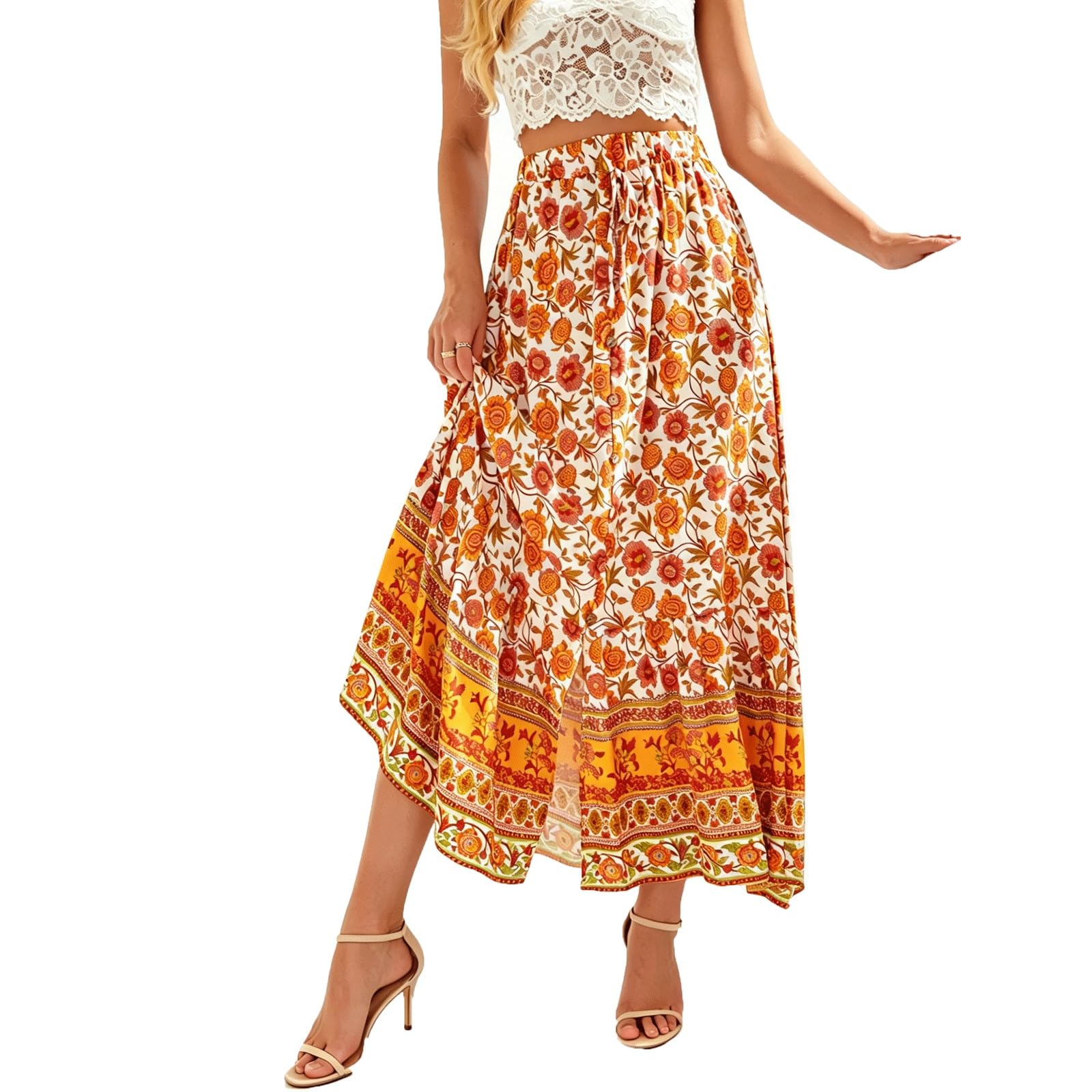 DUddTTW Printed Women's Maxi Skirts A-line Ankle Length Swing Skirt Clothing(Gelb,Lagre)