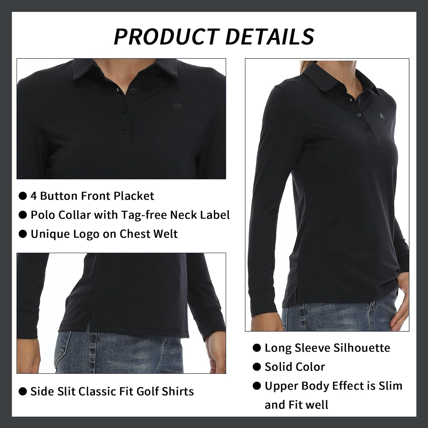 CQC Women's Golf Polo Shirts Long Sleeve Sports Athletic Shirts Tennis Tops Fitness T-Shirt UPF 50+ Quick Dry Black XXL