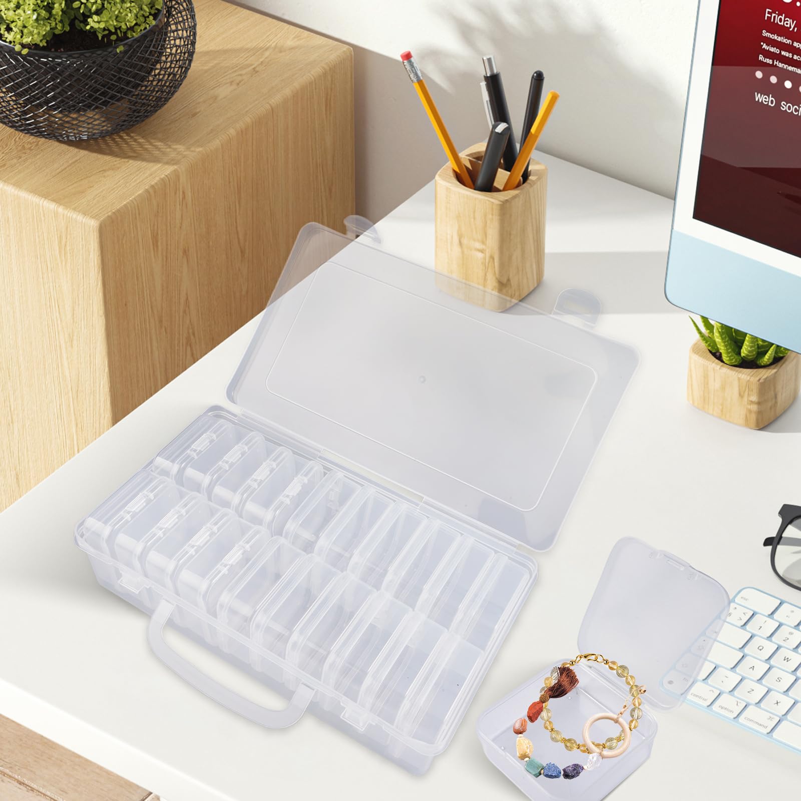 Mathtoxyz Organisateur De Perles Mini – Boîte De Rangement Plastique Transparente Avec Couvercle, 14 Compartiments + 1 Grande Boîte