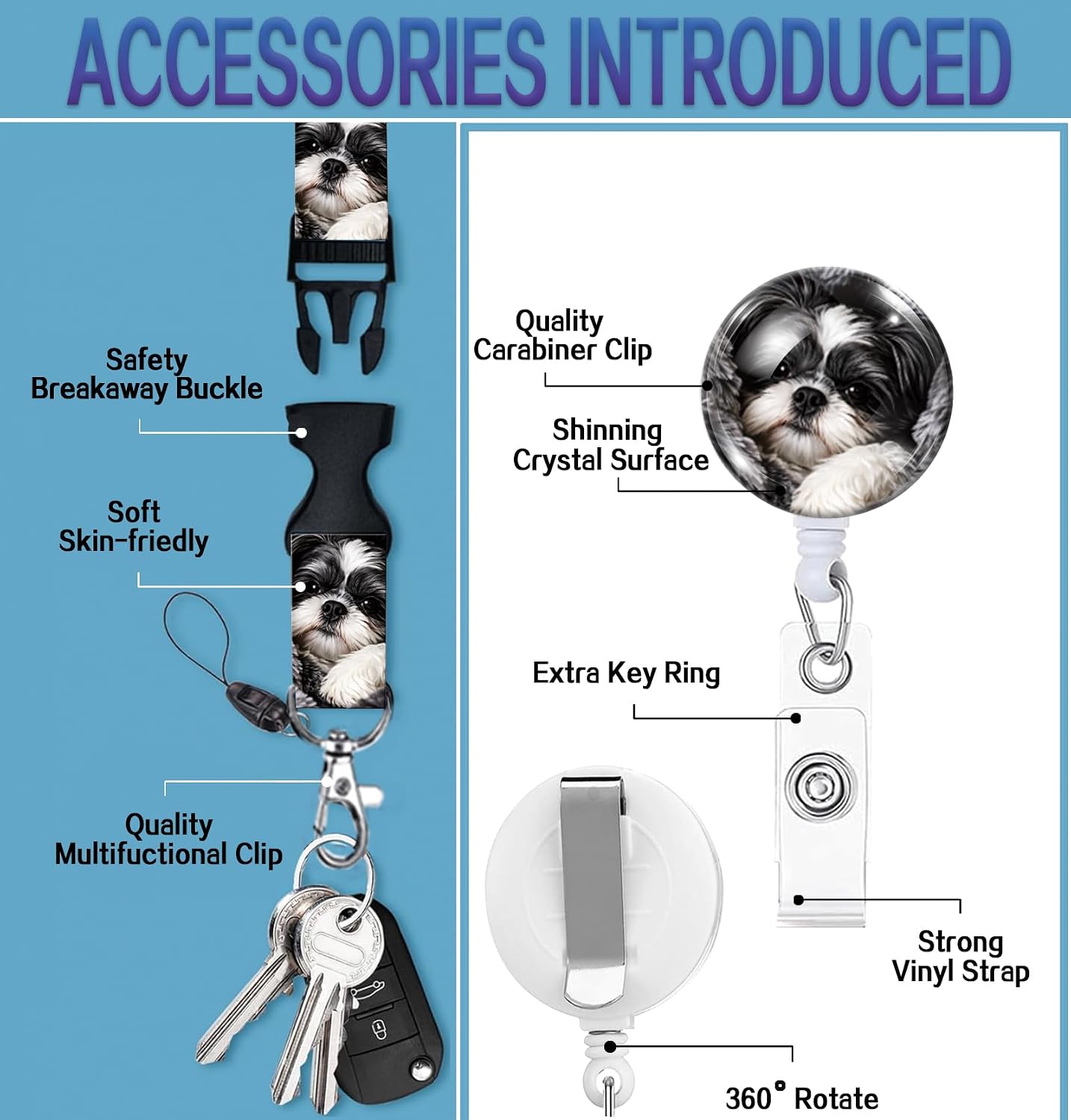 ID Badge Holder with Retractable Lanyard, Badge Holders Reel with 360 Degrees Rotate Carabiner Clip for Women, Teachers, Nurses, Doctor,Students, Office(Black White Dog) image 4