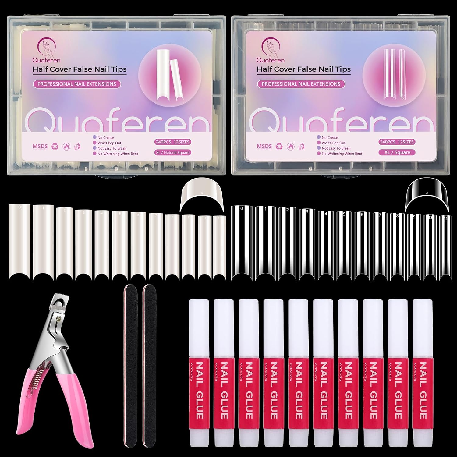 480PCS Extra Long C Curve Nail Tips and Glue, 2 Packs Natural and Clear Acrylic for Nails Professional Set, 12 Sizes Artificial Straight Square French False Nail Tips
