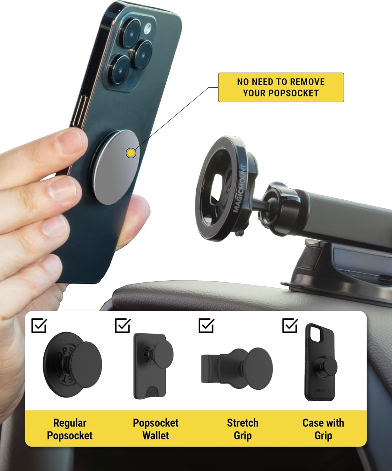 Scosche MagSafe Car Mount, Suction Cup Magnetic Windshield/Dashboard Cell Phone Holder with Vent Clip & Adjustable Flip Arm Compatible with PopSocket, iPhone 17/16/15/14/13/12, Samsung Galaxy, 2-Pack