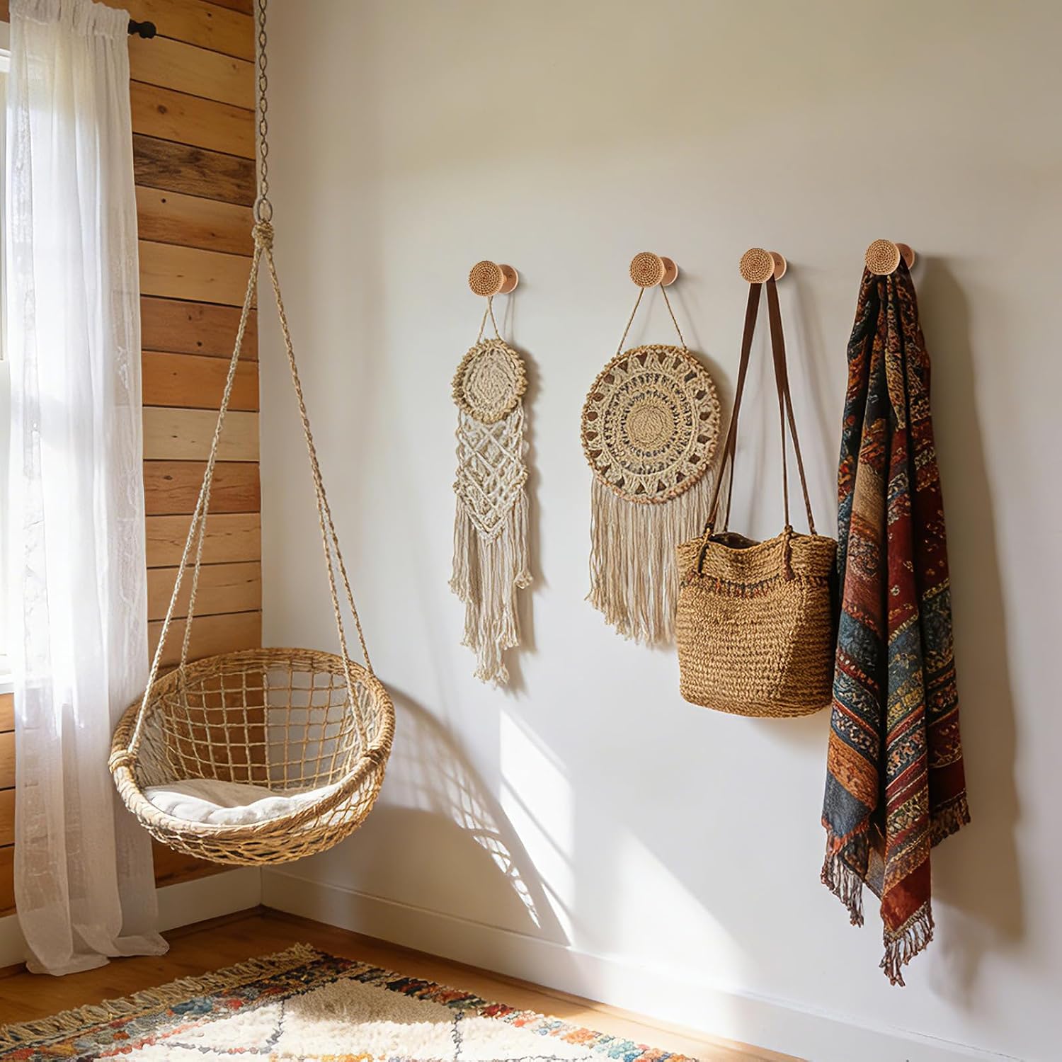 Boho Curtain Holdbacks - Set of 2 Rattan Tiebacks for Wall-Mounted | Hand-Woven Natural Wood Drapery for Sheer & Blackout Curtains | Ideal for Home & Office Decor