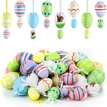 Pack of 40 Easter Eggs for Hanging Colourful Easter Eggs Plastic Hanging Decoration for Easter Plastic Eggs Decoration for Bouquets and Branches for Easter Time