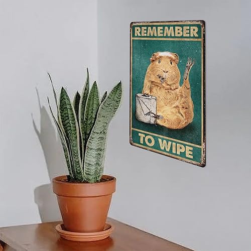 Miniatura 7 de Letrero de metal para decoración de pared, divertido conejillo de indias con texto en inglés "Remember To Wipe Bath", cartel de hojalata para