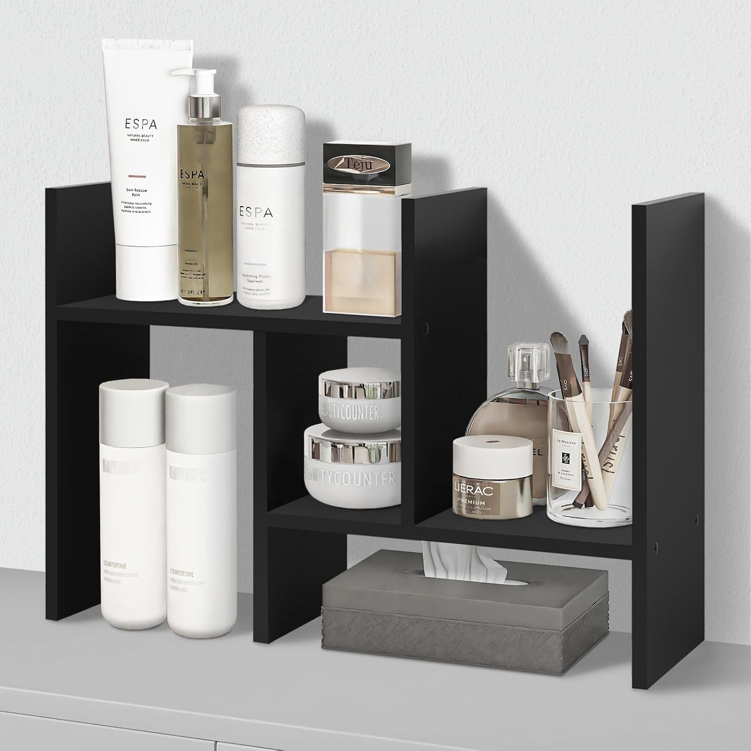 MASAKA B&W - Desk Organizer Aesthetic Shelf, Desktop Bookshelf, Double H Plants Display Shelf, Storage Rack Adjustable Stackable for Office Home Dorm - Perfect for Books, Plants & Decor (Black)