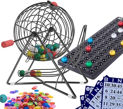 MR CHIPS Juego de bingo profesional de 11 pulgadas de alto con jaula de acero, bolas eternas de 78 pulgadas, 18 tarjetas y 1,300 fichas