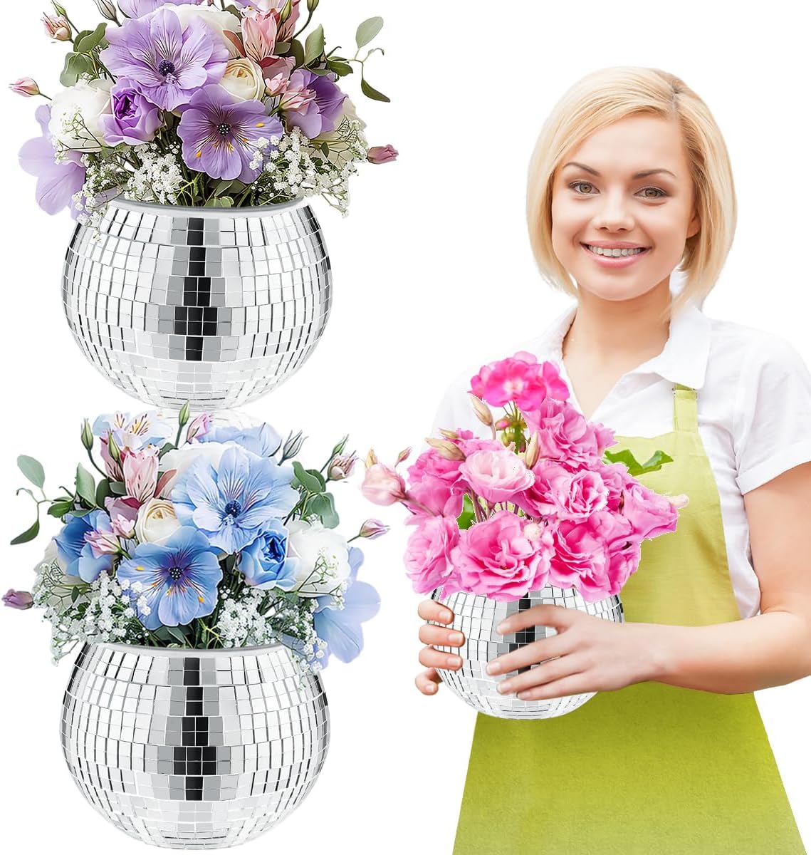 2 Pcs Disco Ball Vase,4.4 x 6 Inch Mirrored Disco Ball Planter,Disco Ball Candle Holders Perfect Disco Decorative Planters for Living Room Bedroom Dining Table Wedding Party Birthday