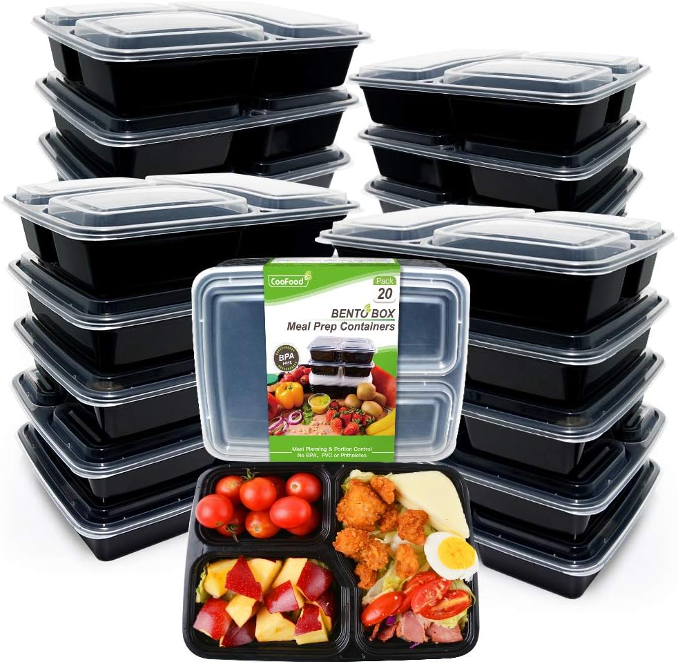 Upgraded [20 Pack] Reusable Meal Prep Containers 3 Compartment 34 Oz CooFood Thicker Lunch Bento Box 3 Compartments with Lids Anti-Spill Food Storage Container for Microwave Dishwasher Freezer