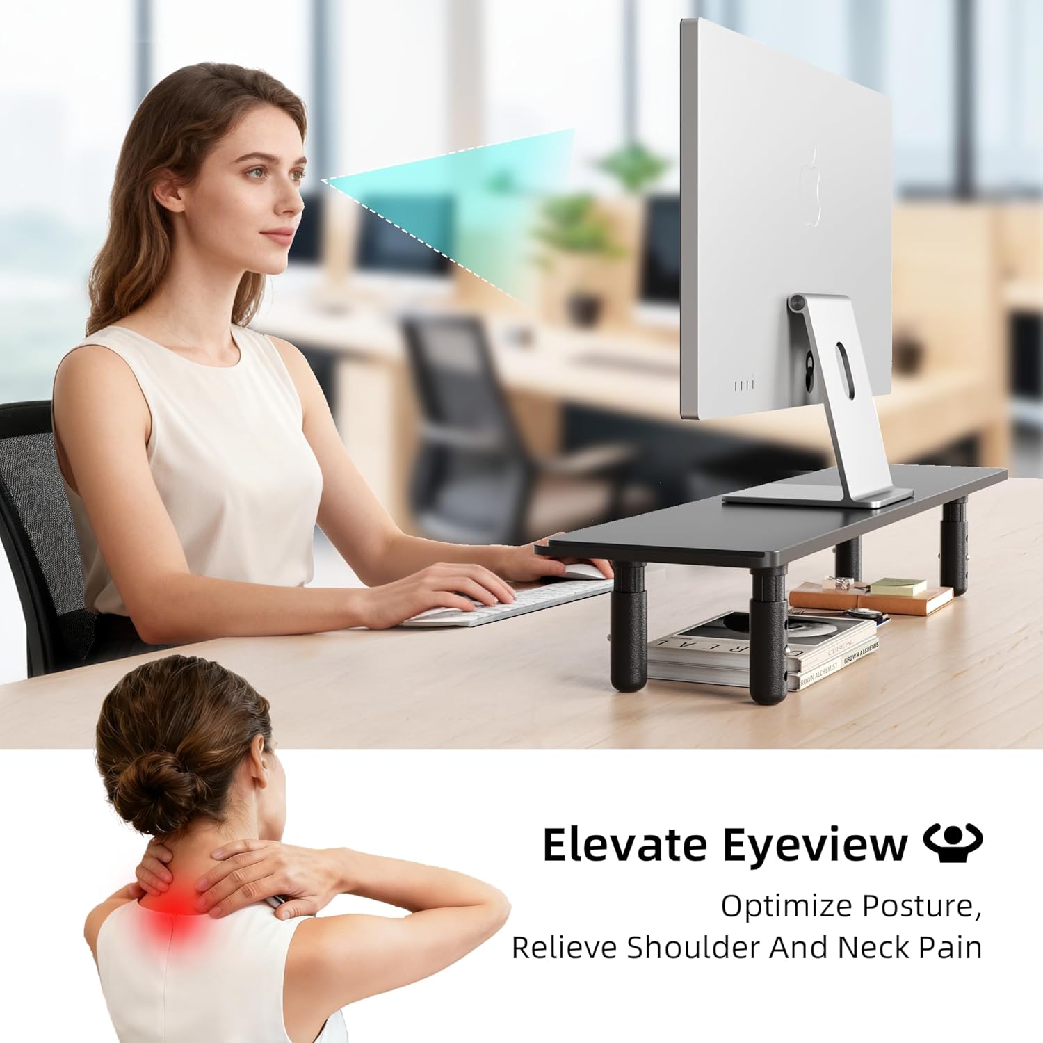 Dual Monitor Stand for Desk, Adjustable Height Wood Computer Riser, Ergonomic Monitor Shelf for Laptop, Printer, TV, Black - Large Storage Space, Sturdy Desk Organizer for Home & Office,Black