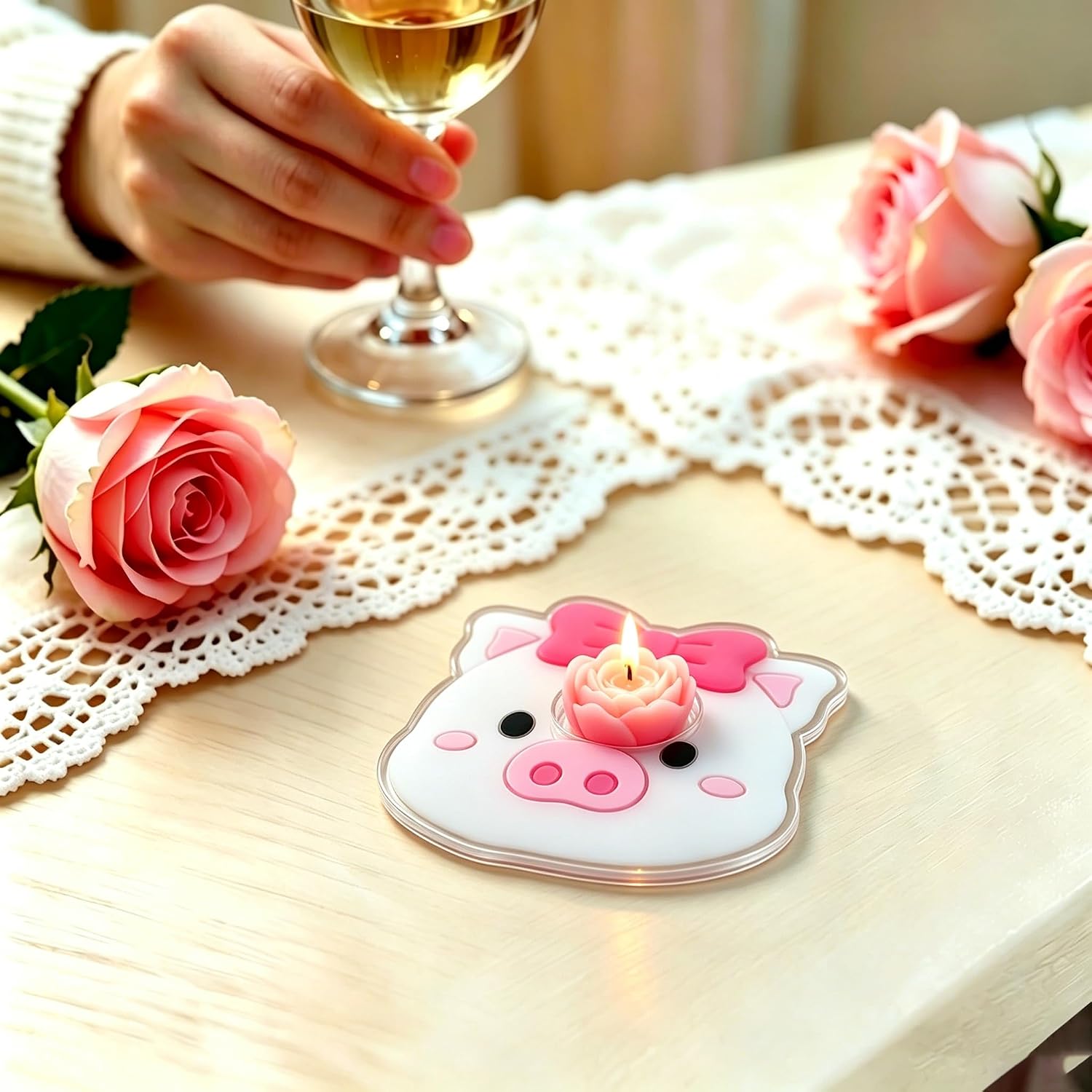 2Pcs Arthevermil Cute Bow‑Knot Pig Acrylic Coasters: Multi‑Purpose Decorative Tray for Coffee Mugs, Scented Candles & Jewelry, Photo‑Worthy Table Decor for Kitchen Home Room Desk Office image 5