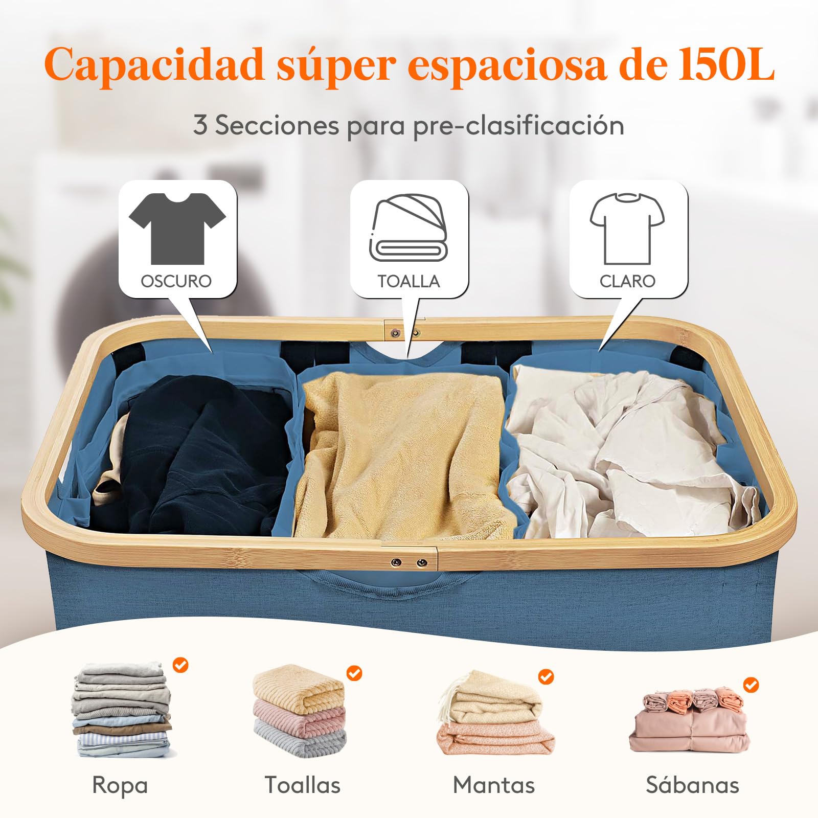 Lifewit 150L Cesto Ropa sucia con Tapa, Grande Cesto para la Ropa sucia, Cubo ropa sucia, 3 Compartimentos, clasificador de Ropa con Asas de bambú y 3 Bolsas para la colada extraíbles, Azul