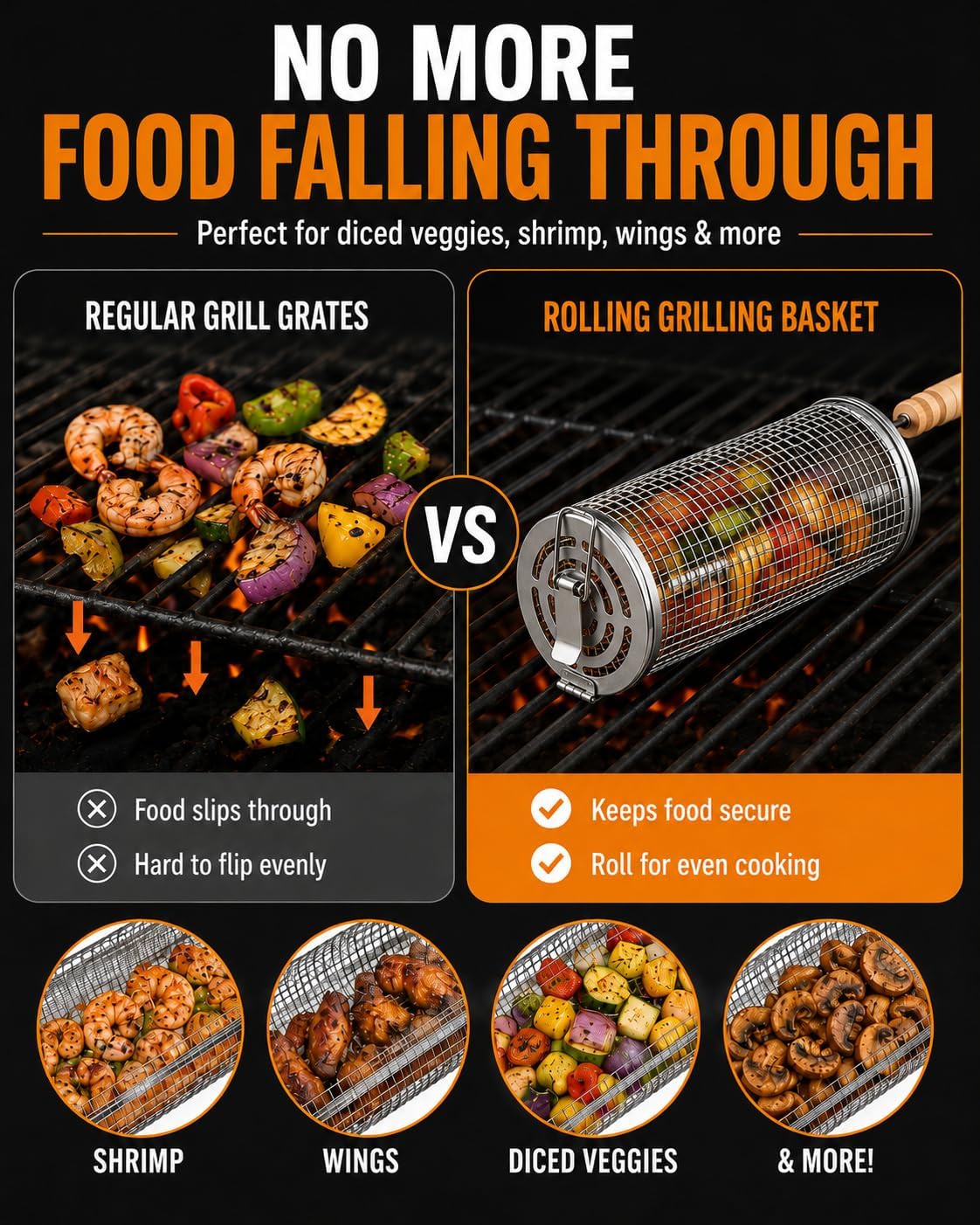 Rolling Grill Basket for Outdoor BBQ, 2-Pack with Secure Snap Lock image 2