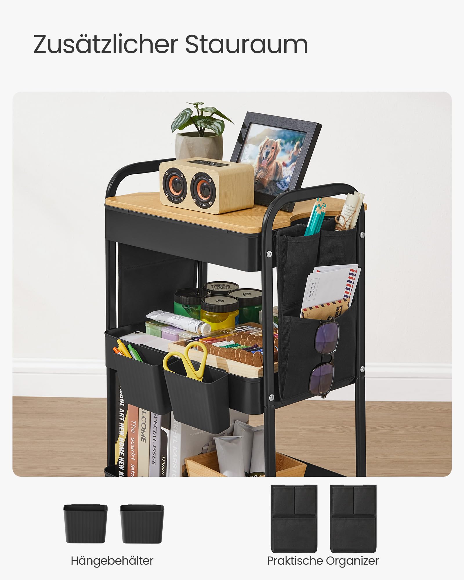 SONGMICS Rollwagen, Küchenwagen, 3 Metallgitterablagen, Servierwagen, 2 abnehmbare Hängebehälter, 2 Organizer, für Büro, Küche, Wohnzimmer, Badezimmer, tintenschwarz LRC036B01