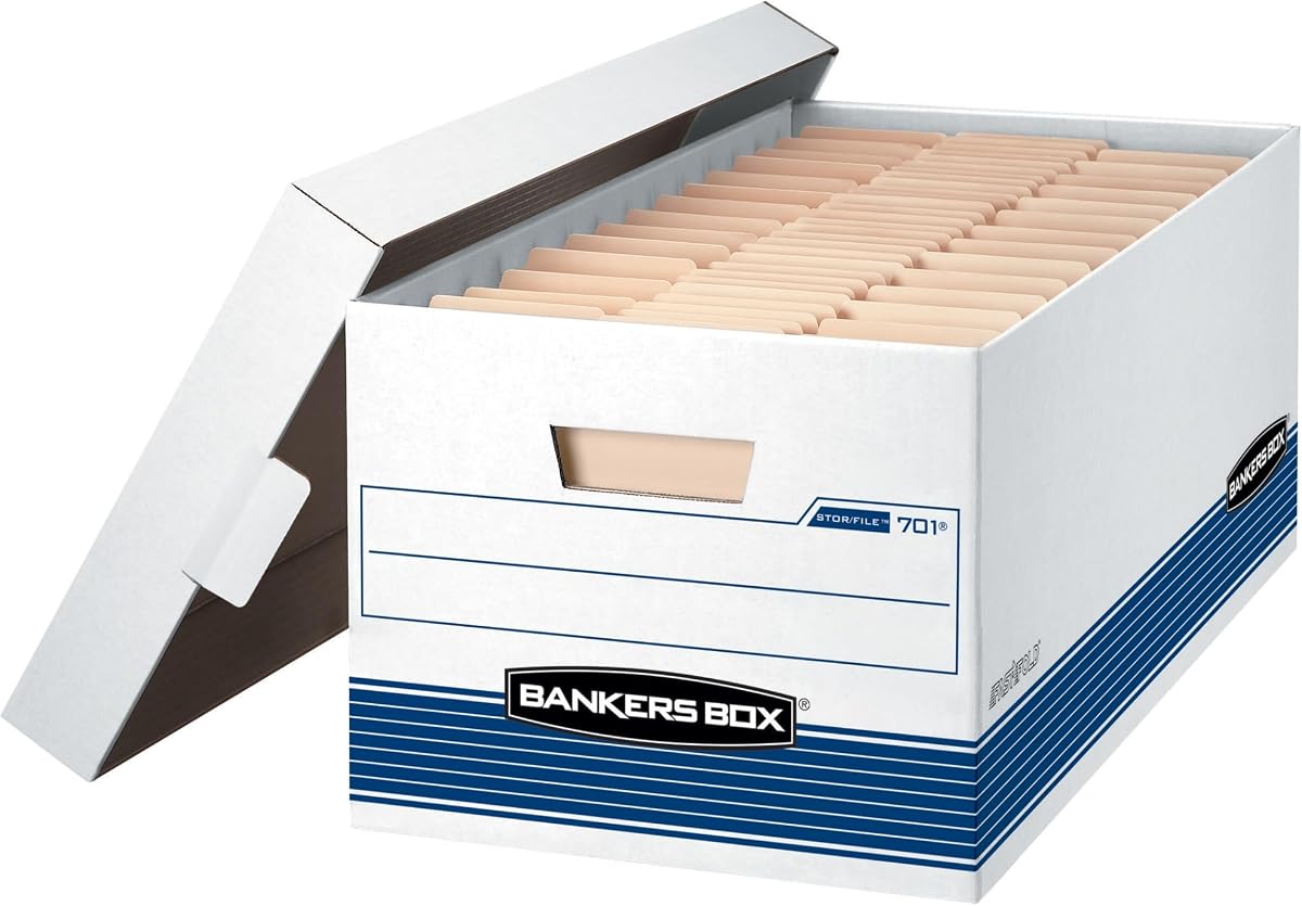 Bankers Box 4-Pack Medium-Duty File Storage Boxes, 24in Letter, FastFold | Speed through filing with FastFold setup, sturdy stacking, reinforced handles, and dependable document protection.