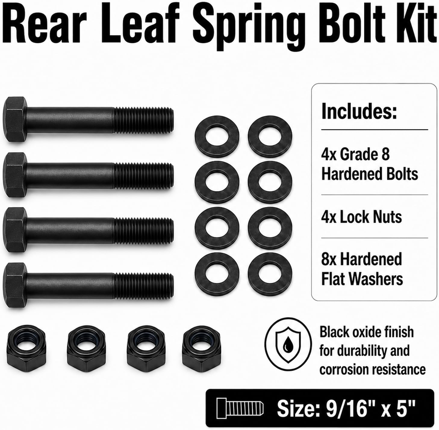 Leaf Spring Eye Bolt Kit 9/16" x 5", Grade 8 Hardened Steel Suspension Hardware Kit with Lock Nuts & Flat Washers, Rear Leaf Spring Shackle Bolts for Chevy GMC Ford Dodge Pickup Truck Replacement