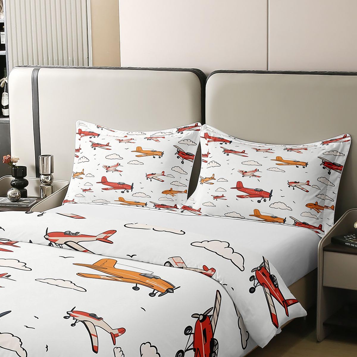 Homewish Kreskówka samolot dzieci zestawy pościeli king czerwony pomarańczowy samolot nadruk bawełna poszewka na kołdrę samolot chmury poszewka na kołdrę dla nastolatków chłopców dziewcząt, samolot
