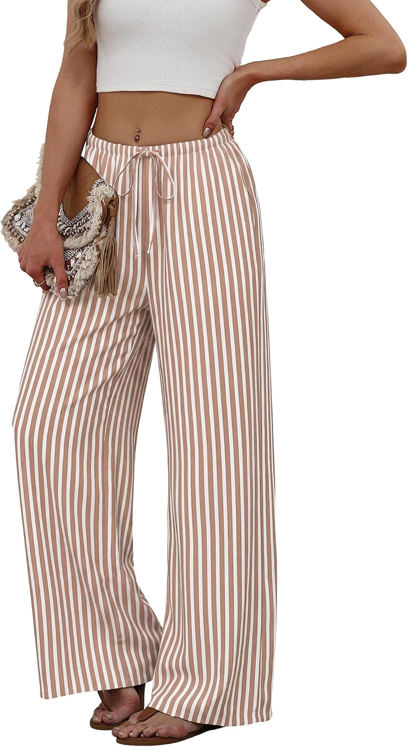 Sampeel Wide Leg Pants for Women Flowy Palazzo Drawstring Elastic Waist Trousers with Pockets Summer Beach Vacation Clothes thumbnail