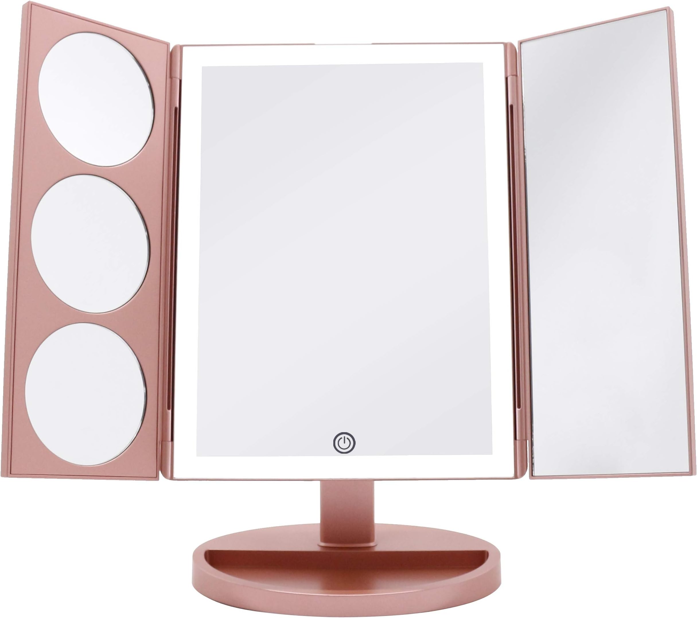 Makeup Vanity Mirror with 44 Natural White LED Lights, 3x 5x 10x Magnification Lighted Makeup Mirror, Extra Large Unique Tri-Fold Design, Countertop Cosmetic Mirror Rose Gold, X-Large Model