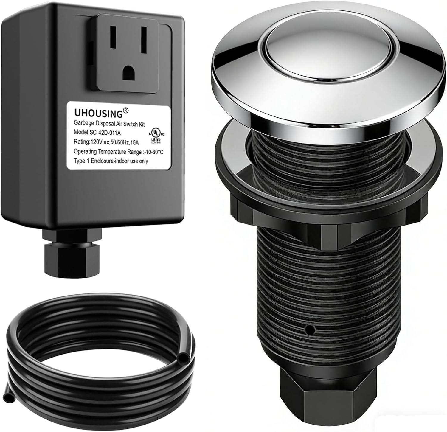 Garbage Disposal Air Switch Kit - UL Certified Sink Top Switch with Long 3.5" Brass Button by UHOUSING, Complete All-in-One Kit for All Disposals (Chrome)