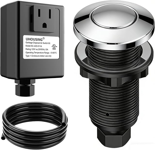 Élimination des ordures Air Kit d'interrupteur - UL Certifié, Bouton anti-sudge en laiton, Kit complet avec Air Adaptateur de tuyau & Cord, convient à toutes les éliminations (Chrome)