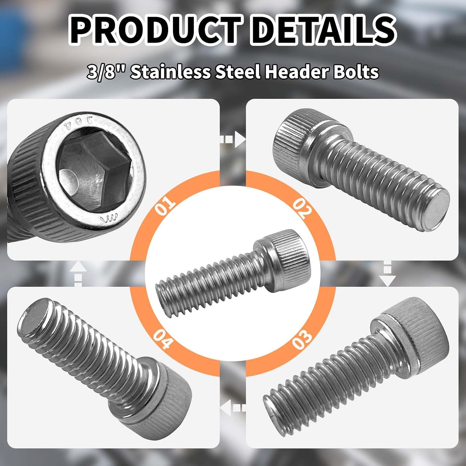 SBC Stainless Steel Exhaust Header Bolt Kit 3/8”-16 x 1” Bolts Washers for Chevy 265 283 305 326 327 350 383 389 400 421 455 V8 Small Block Gen I II LT1 LT4 TPI TBI 96-98 Vortec 5.0L 5.7L BOP
