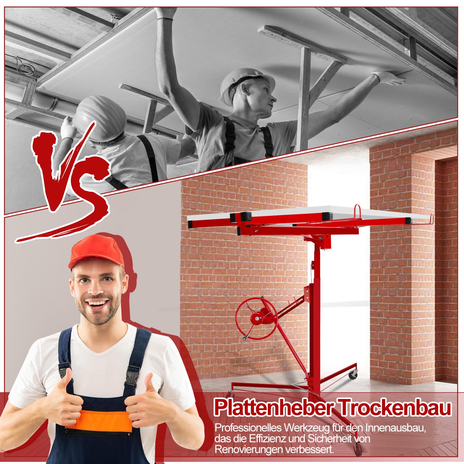 Ikodm Plattenheber klappbar XXL für Rigipsplatten, 132-335cm Arbeitshöhe höhenverstellbar, max 290cm Lastarmbreite und 68 kg Traglast, Rot