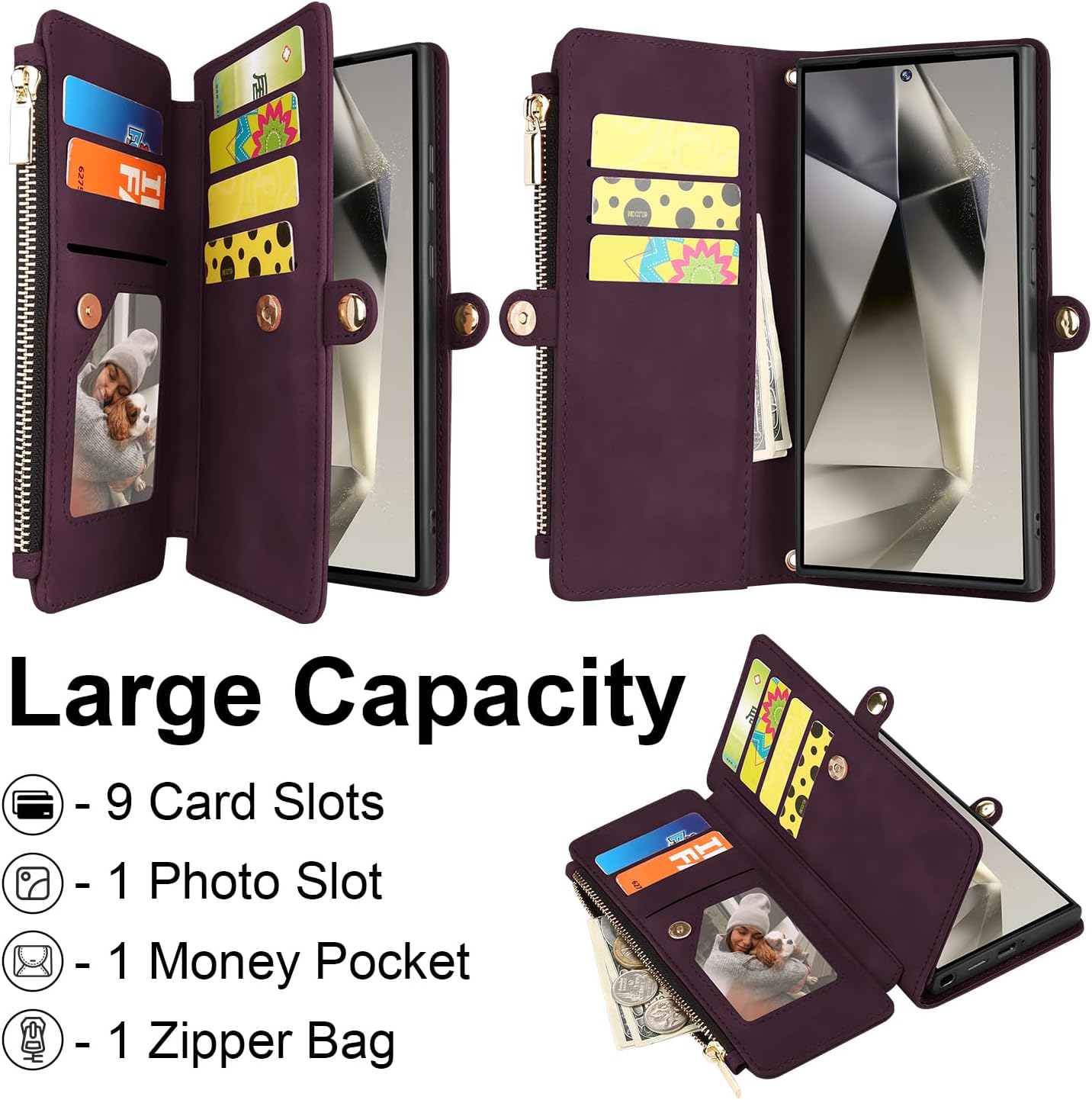 ELESNOW Wallet Samsung Galaxy S24 Ultra Case for Women, PU Leather with Card Holder [RFID Blocking] Wrist Strap Crossbody Zipper Stand Magnetic Flip Phone Case Cover for Samsung S24 Ultra, Deep Purple
