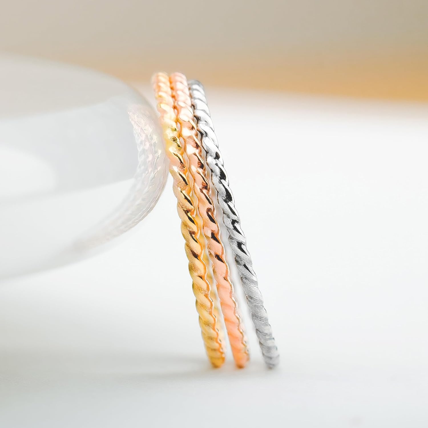 Melanie Golden Jewelry Trio of Braided Rope Stacking Rings | Set of 3 Mixed Metal 1mm Thin Stacking Twist Rings | Silver Gold & Rose Gold | Comfort Fit Sizes 3-12 (6.5)