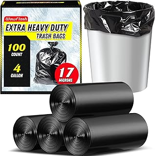 100 Count 17 Micron Extra Heavy Duty 4 Gallon Trash Bags, Sturdy & Tear-Resistant Small Trash Bags for Bathroom & Kitchen