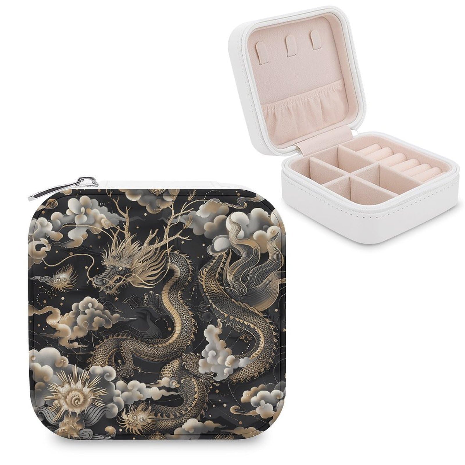 VstaDank Black Chinese Dragon Travel Jewelry Case Zipper Portable Small Jewelry Box Custom Pu Leather Mini Traveling Jewelry Organizer for Rings Earrings Necklace Bracelet Girls Women