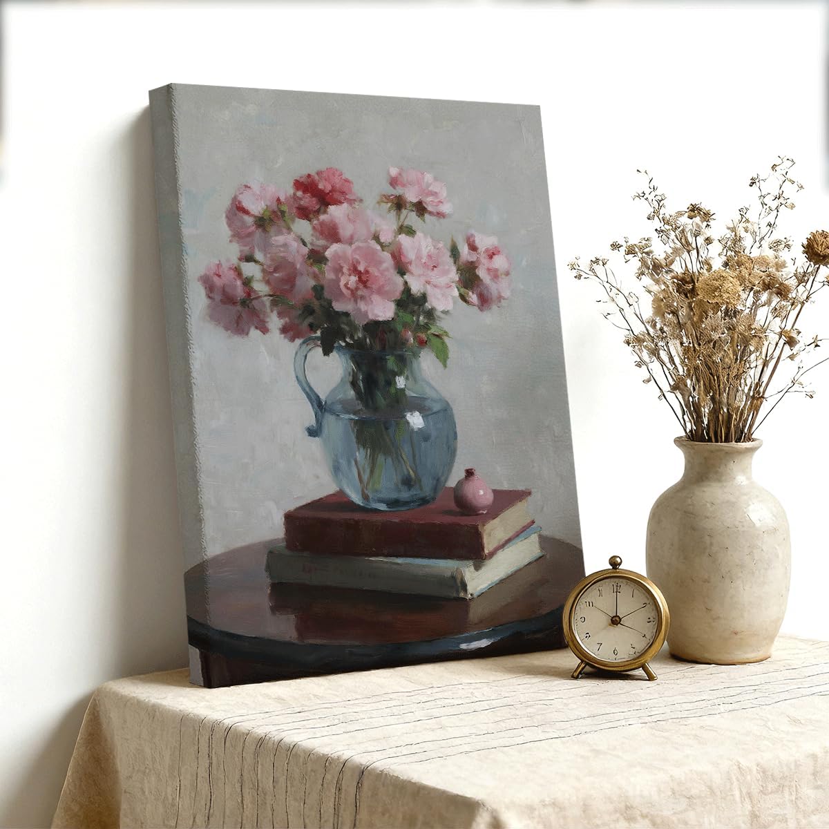 Floral Canvas Wall Art, Pink Rose Bouquet Still Life with Books, Vintage Flower Wall Decor for Kitchen, Dining Room or Study, Classic Oil Painting Print, 8x10 Inches