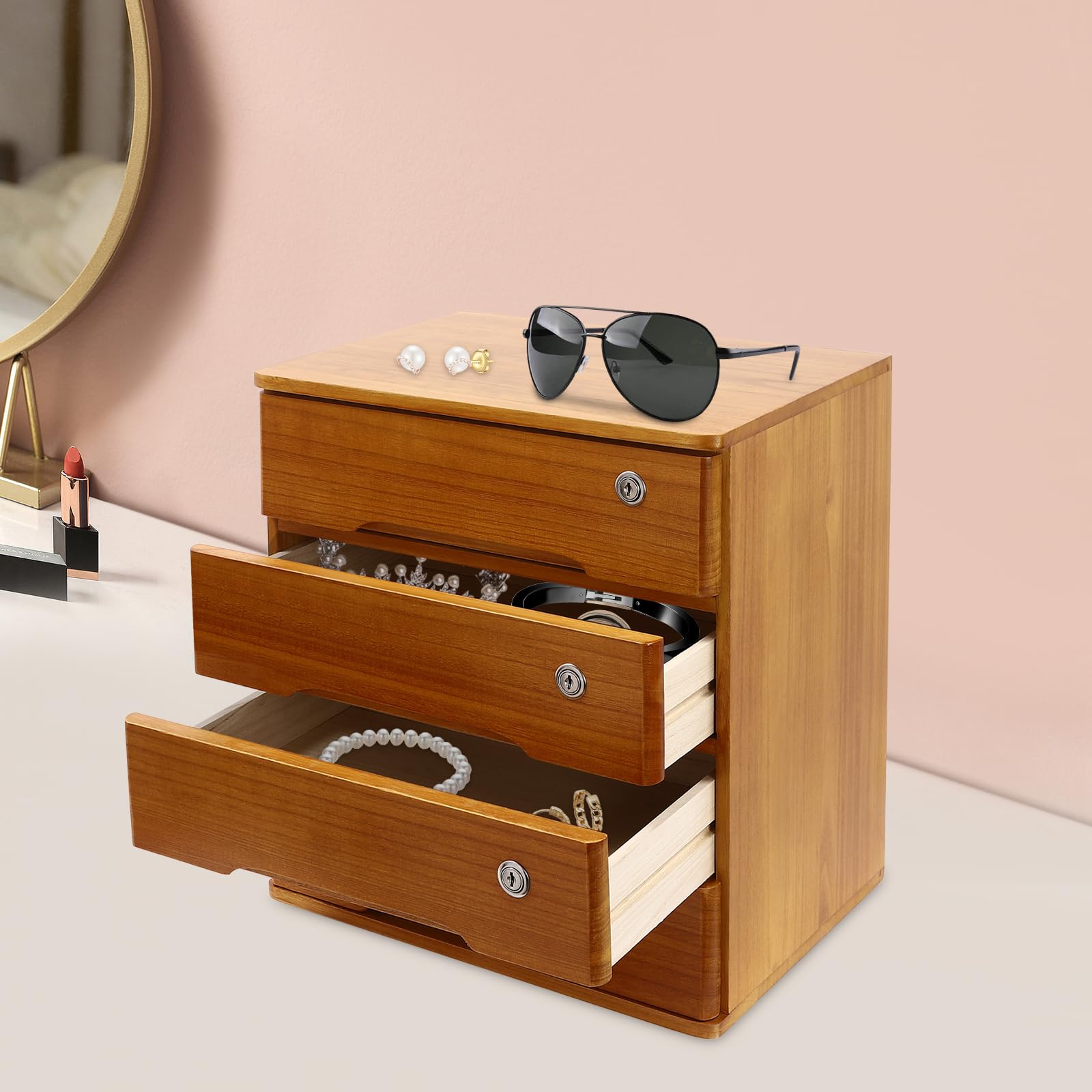 Schubladenbox Holz mit 4 Schubladen Abschließbare Schreibtisch Organizer Mini Aufbewahrungsschrank Büro Dokumenten Organizer Tischkommode mit Schloss für Büro Schlafzimmer